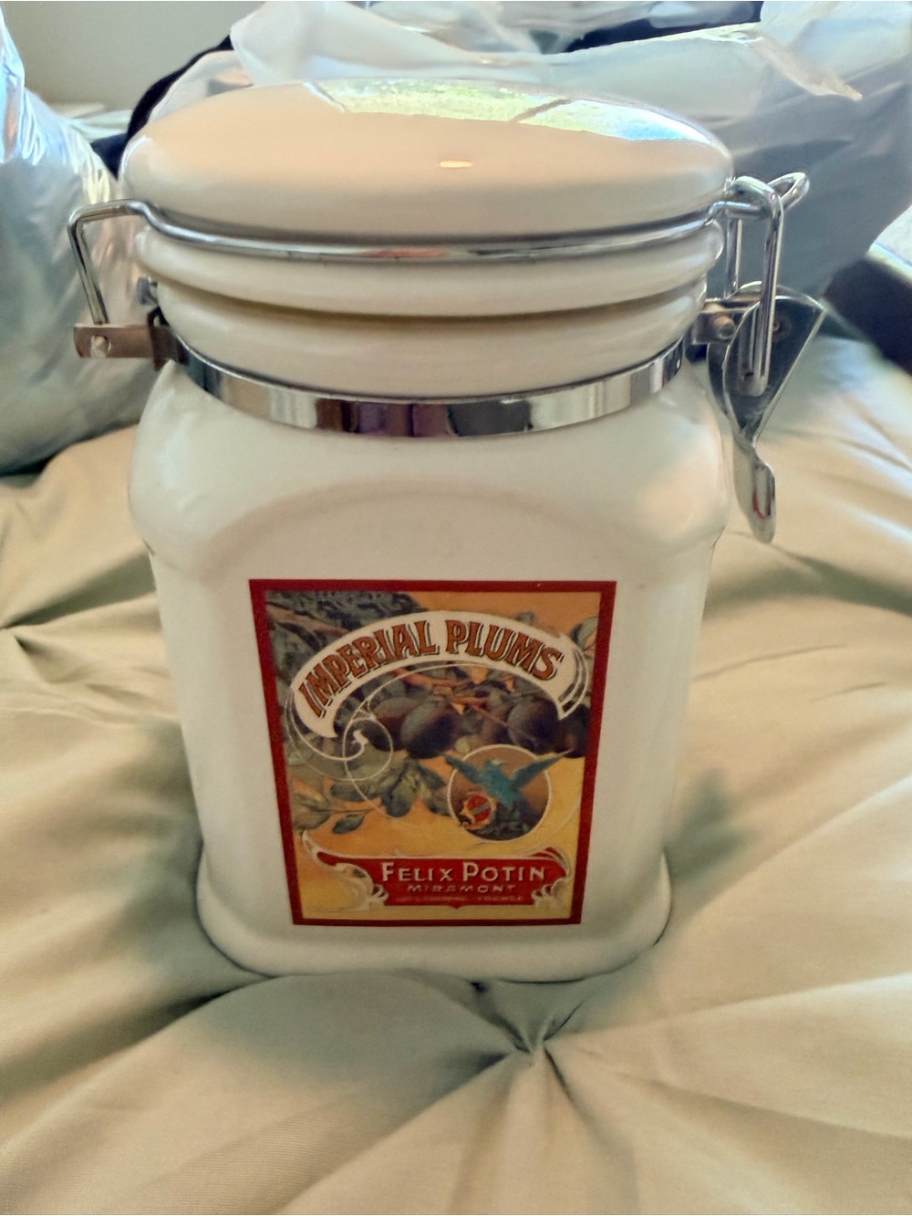 White Ceramic Imperial Plums Storage Jar